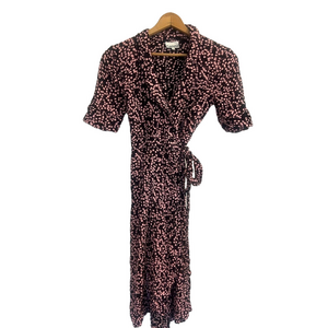 GANNI Black Pink Floral Wrap Midi Dress Short Sleeve Coquette EU 40 US 6
